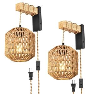 Rattan Plug in Wall Sconces Set of Two, Hand Woven Boho Wall Lamp Plugin